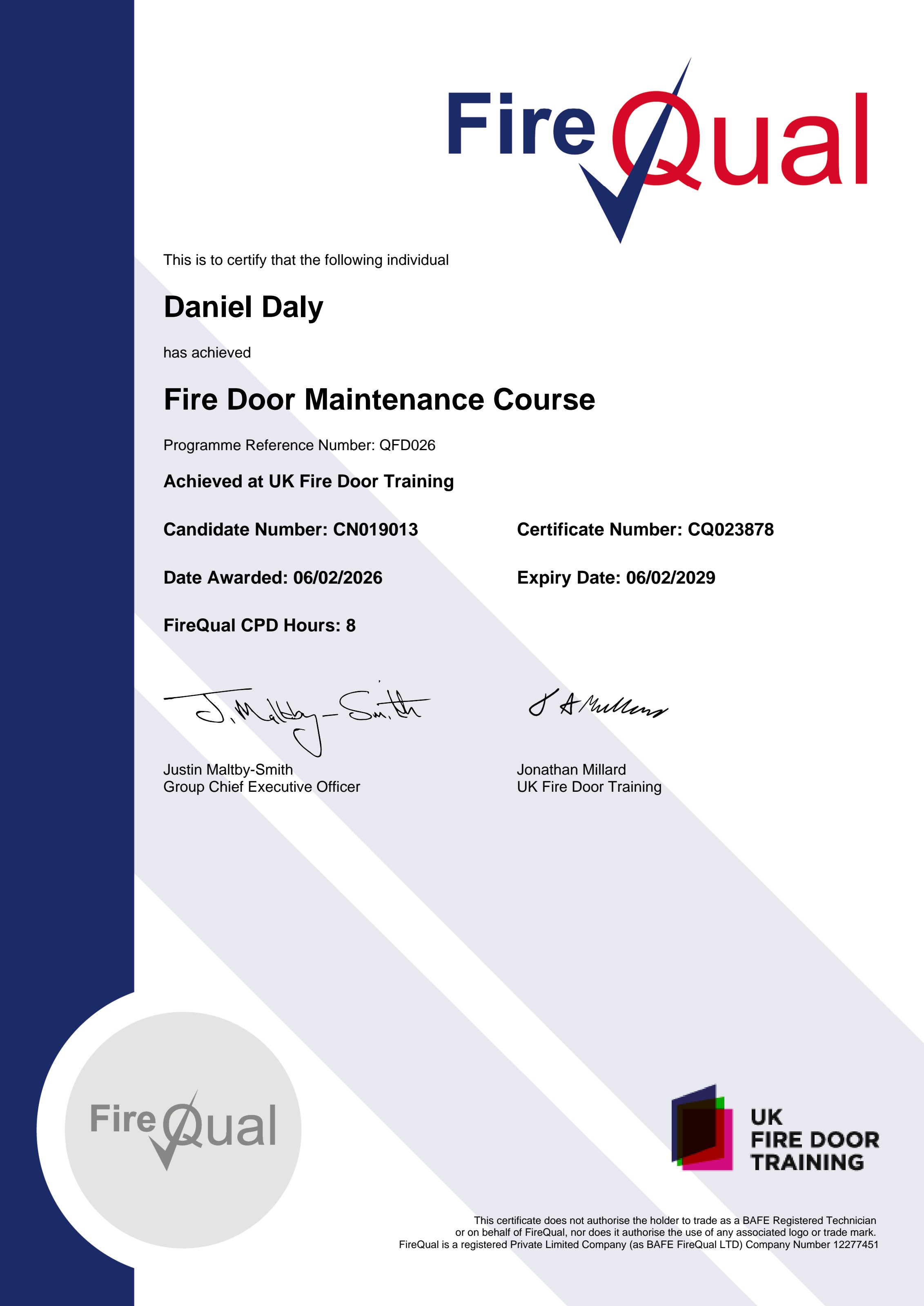 Fire Door Maintenance Course certificate (QFD026) awarded to Daniel Daly by UK Fire Door Training, 06/02/2026