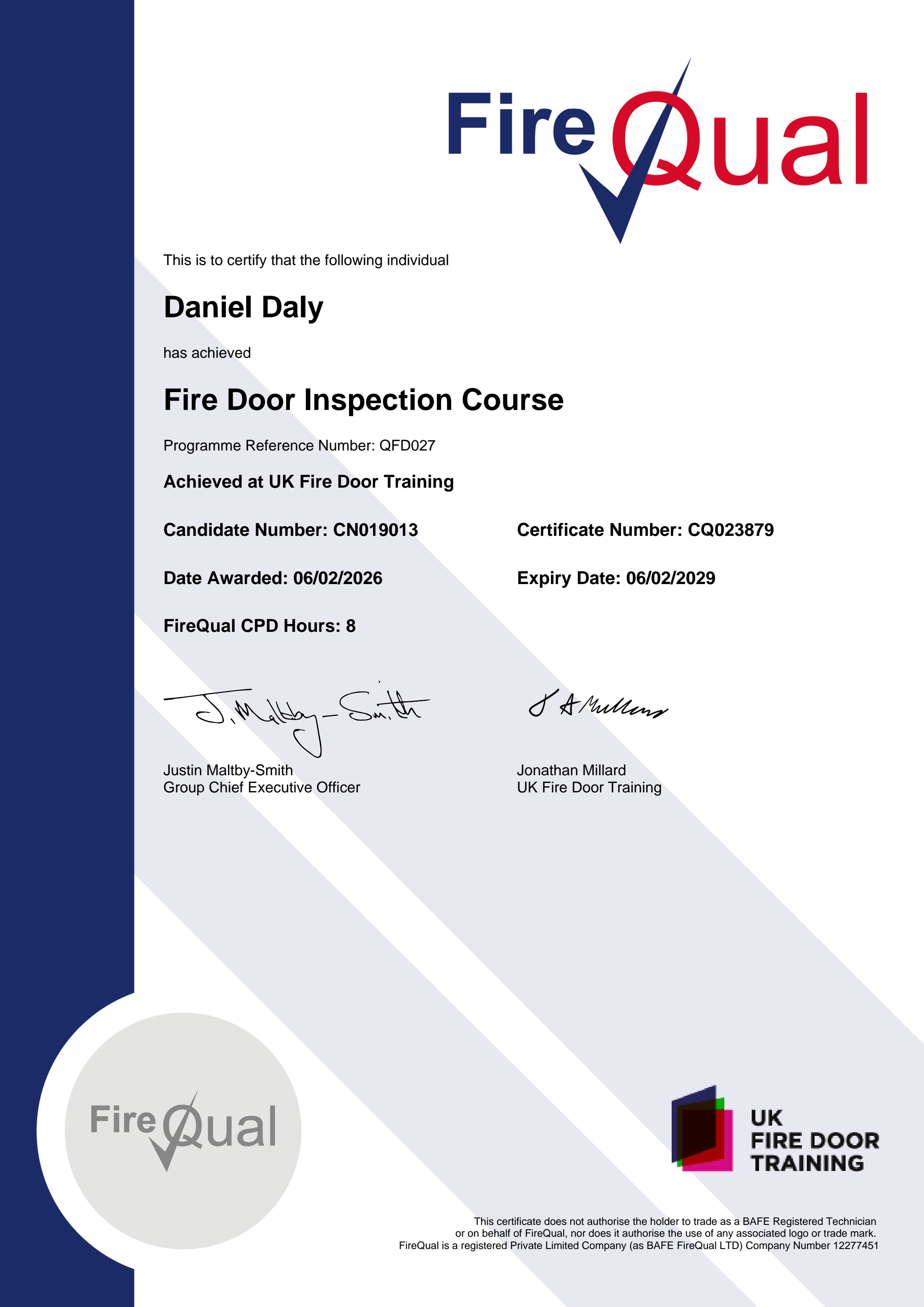 Fire Door Inspection Course certificate (QFD027) awarded to Daniel Daly by UK Fire Door Training, 06/02/2026