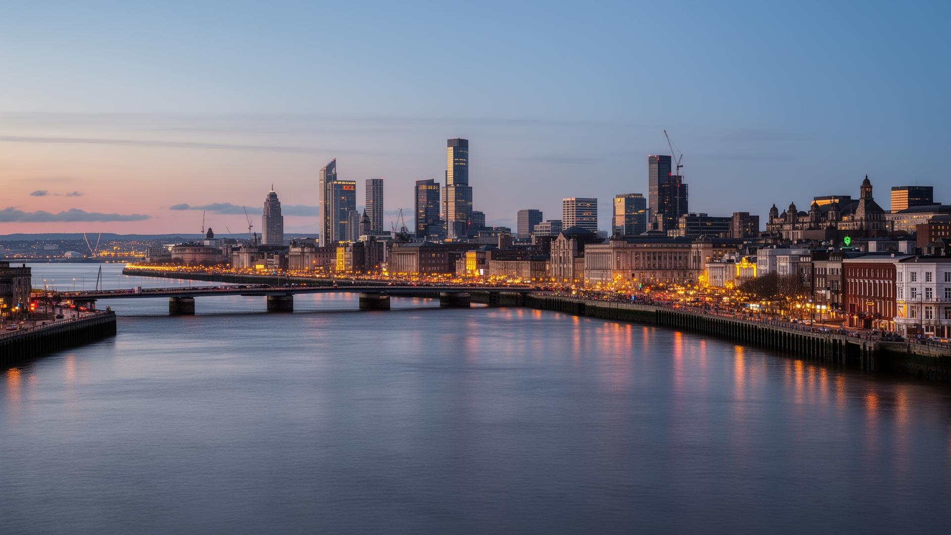 Birkenhead waterfront with Liverpool skyline across the Mersey — D2 Joinery fire doors in Birkenhead