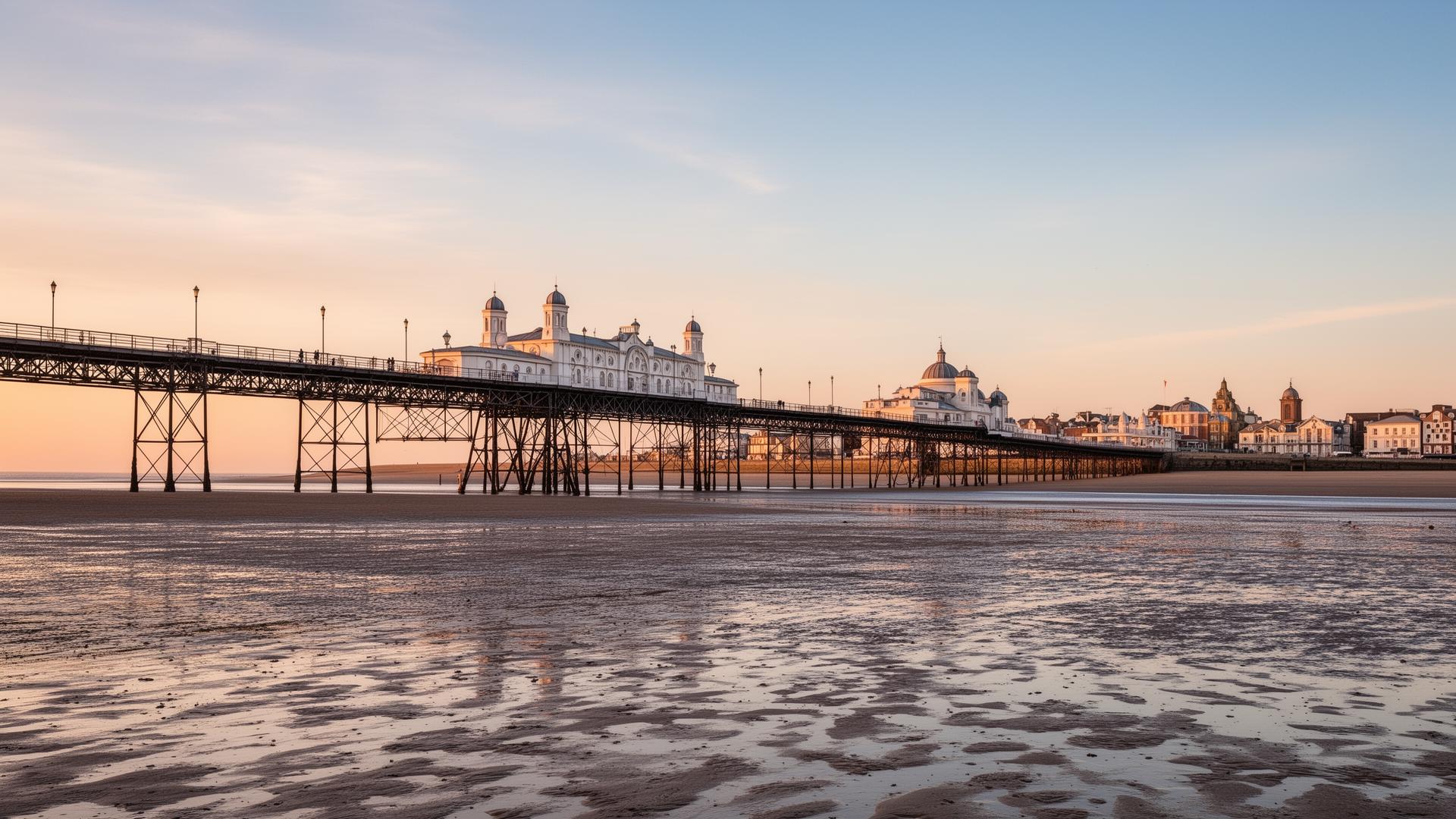 Southport Victorian pier stretching over the beach at sunset — D2 Joinery fire doors in Southport